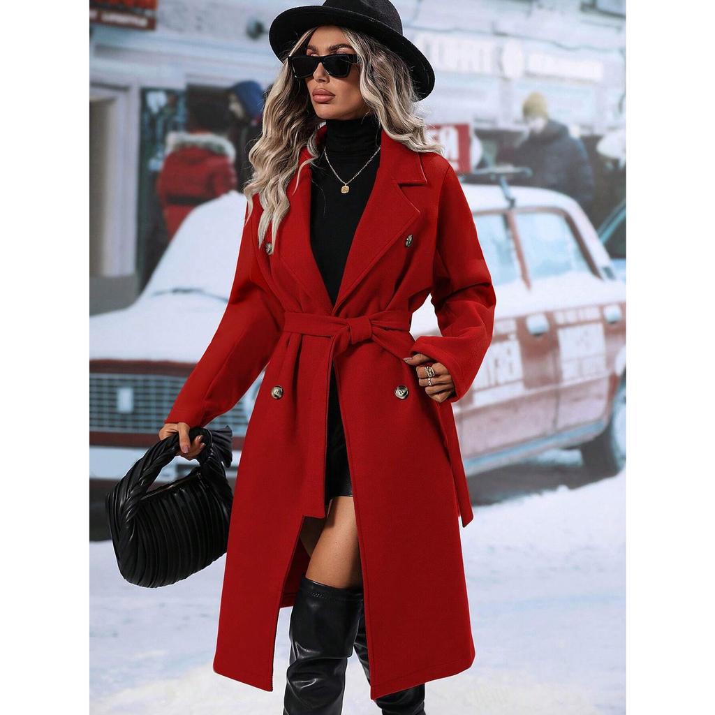 2025 Autumn Winter Women's Double-Breasted Wool Blend Trench Coat, Belted Waist Elegant Overcoat with Notched Lapel, Classic Office Chic Outerwear