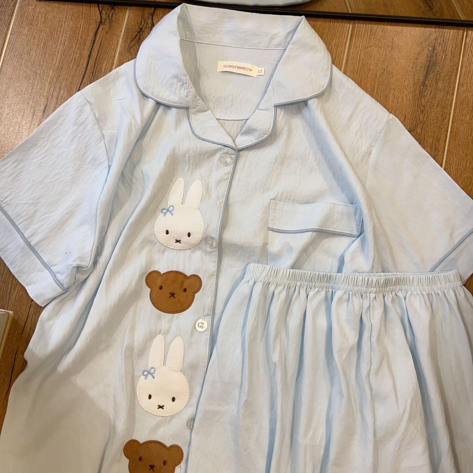 Japanese sweet soft cute Miffy bear pajamas women s summer cardigan short-sleeved shorts two-piece women s loungewear S