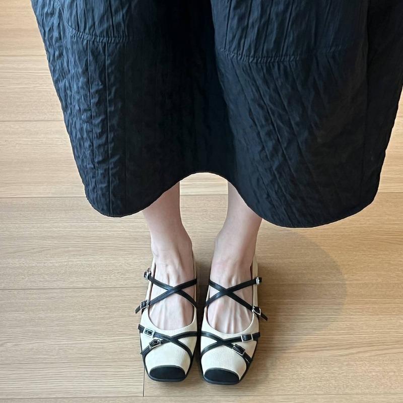 Sheepskin version~ cross strap square head sports ballet shoes women's retro temperament shallow mouth Mary Jane shoes flat shoes