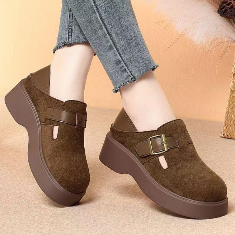 Autumn Thick-soled Heightening Buckle Women's New British Small Leather Shoes One-pedal Single Shoes Soft-soled Women's Shoes