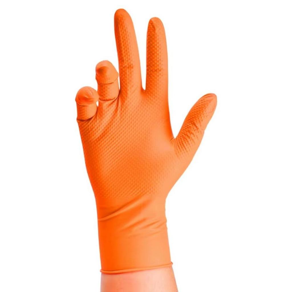 100-1pcs Heavy Duty Orange Nitrile Disposable Gloves with Diamond Textured Grip for Industrial and Mechanic Safety