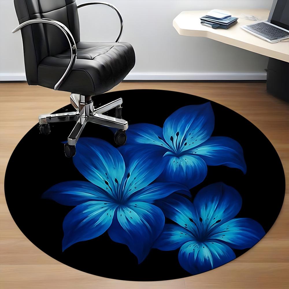 1pc Blue Lily Flowers Chair Carpet for Office, Round Non-Slip Durable Large Size Office Carpet, Suitable for Office, Beautiful Decoration