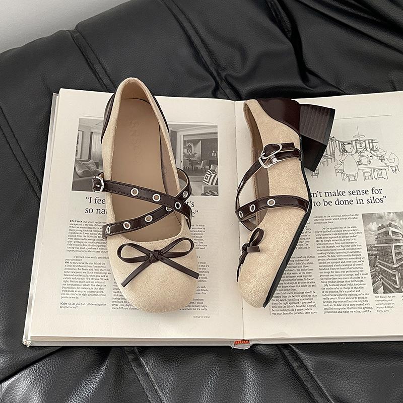 Design sense retro suede bow light mouth bag head single shoes summer fashion thick heel high heel Mary Jane shoes trend