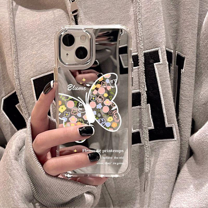 Flower Butterfly Mirror for iPhone17promax Mobile Phone Case 15/14 Apple 16 Electroplating Button 13