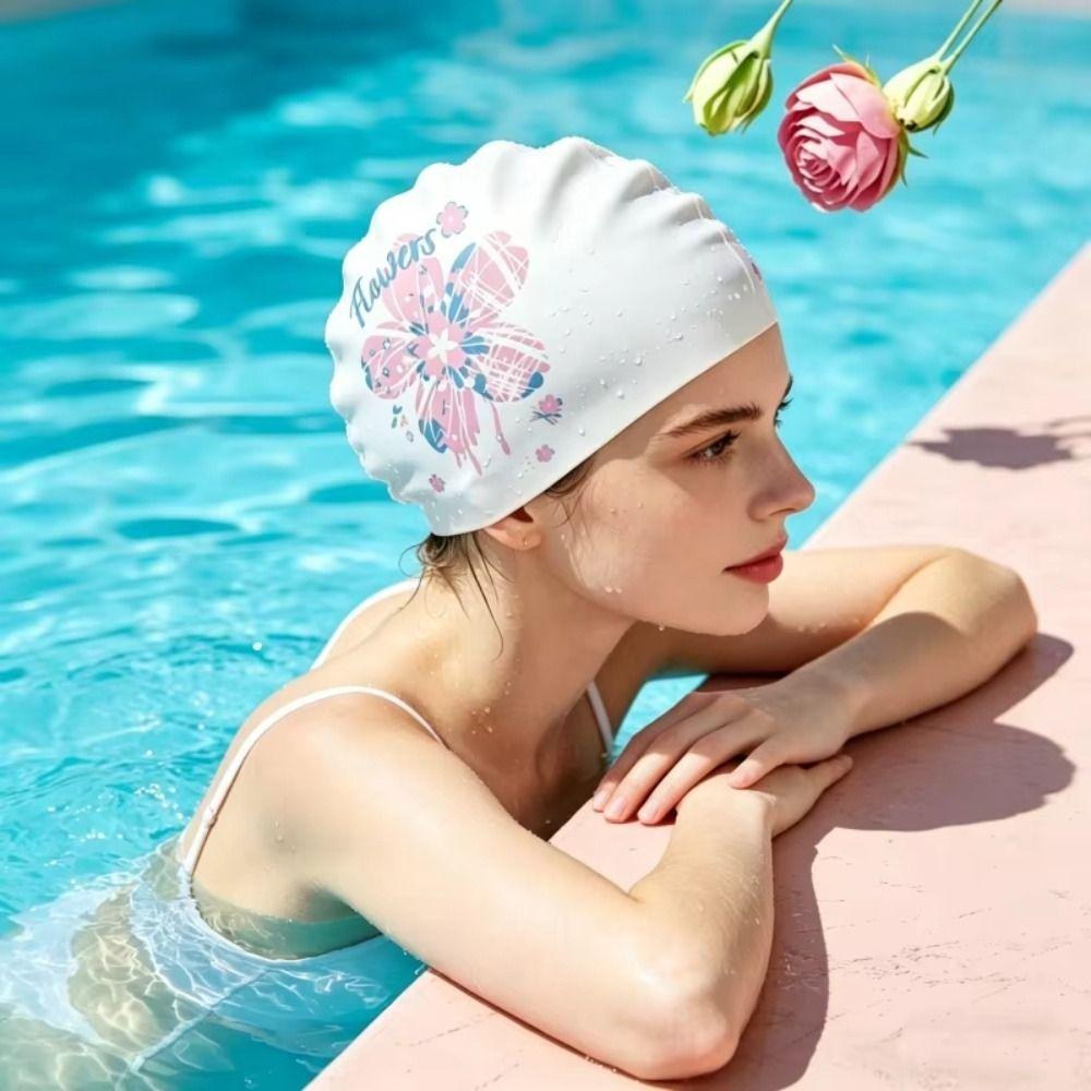 Extragroße Silikon-Badekappen Kein Engegefühl Cartoon-Badekappen Badekappen Damen Mädchen