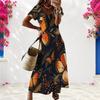 Women Plus Size V Neck Short Sleeve Butterfly Floral Printed Straight Maxi Dress