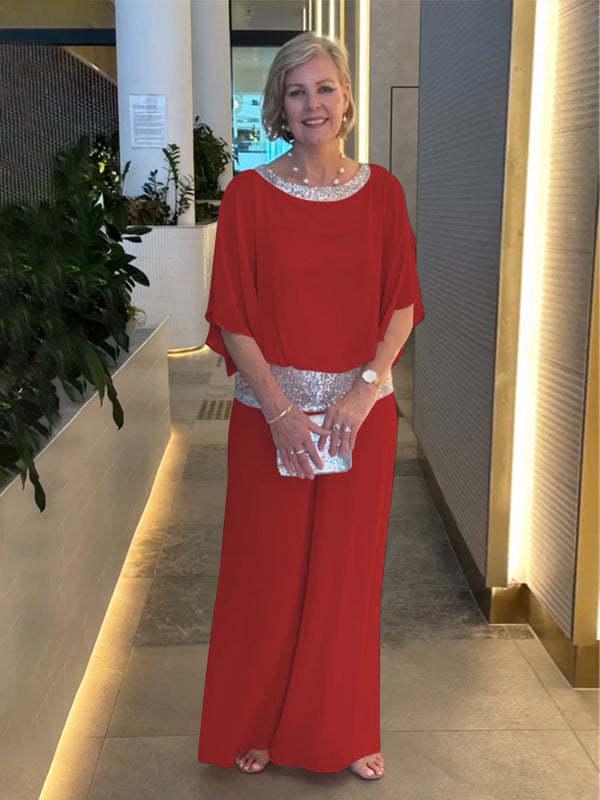 2024 Women s Round Neck Sequin Color Block Batwing Sleeve Wide-Leg Pants Set 3XL красный