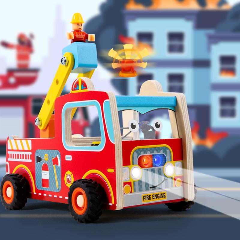 Children's Engineering Electronic Nut Fire Truck Wooden Toy