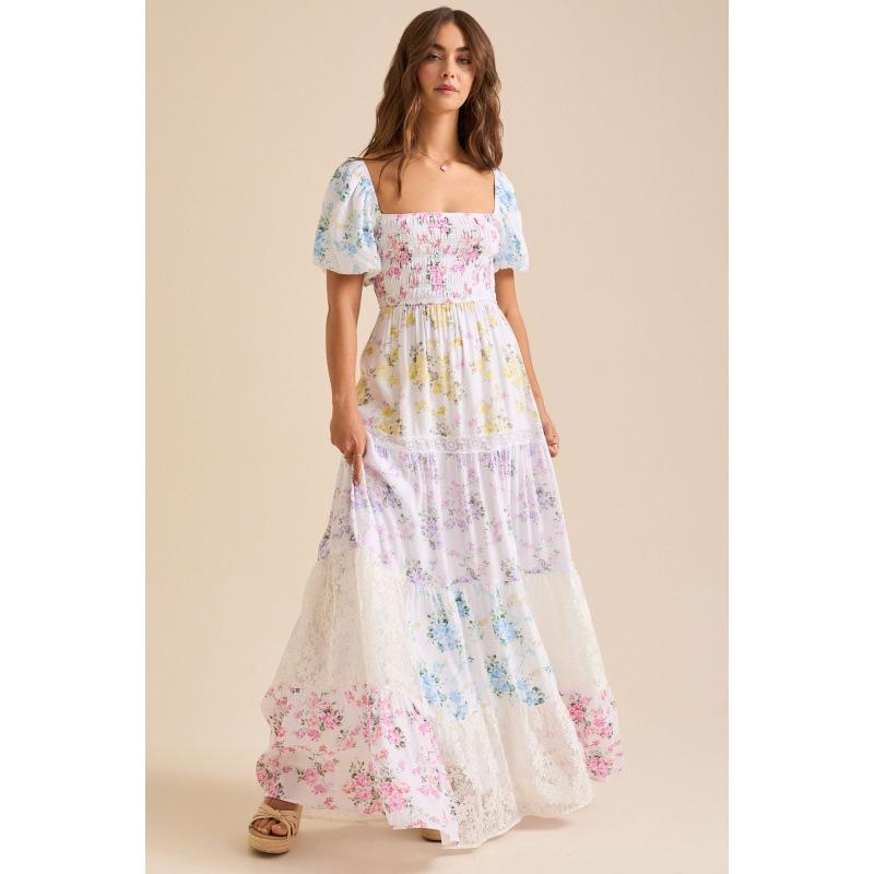 TikTok cross-border European and American style spring and summer new bubble sleeve printing lace tube top splicing pleated pendulum skirt women s S