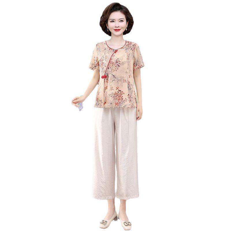 Moda de vară 2025: Set tricou cu mânecă scurtă și bluză cu imprimeu elegant pentru femei de vârstă mijlocie și vârstnice