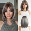 Brown Highlighted Gray Short Straight Wig with Curtain Bangs - 14" Heat-Resistant Synthetic Hair for Daily Wear, Party & Cosplay