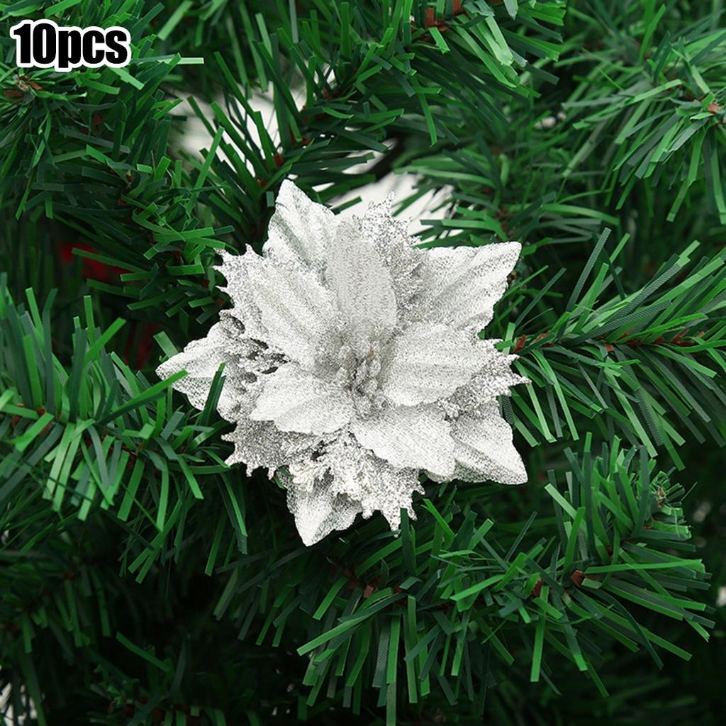 Christmas Party Poinsettia Glitter Flowers Set of 10 Color Options