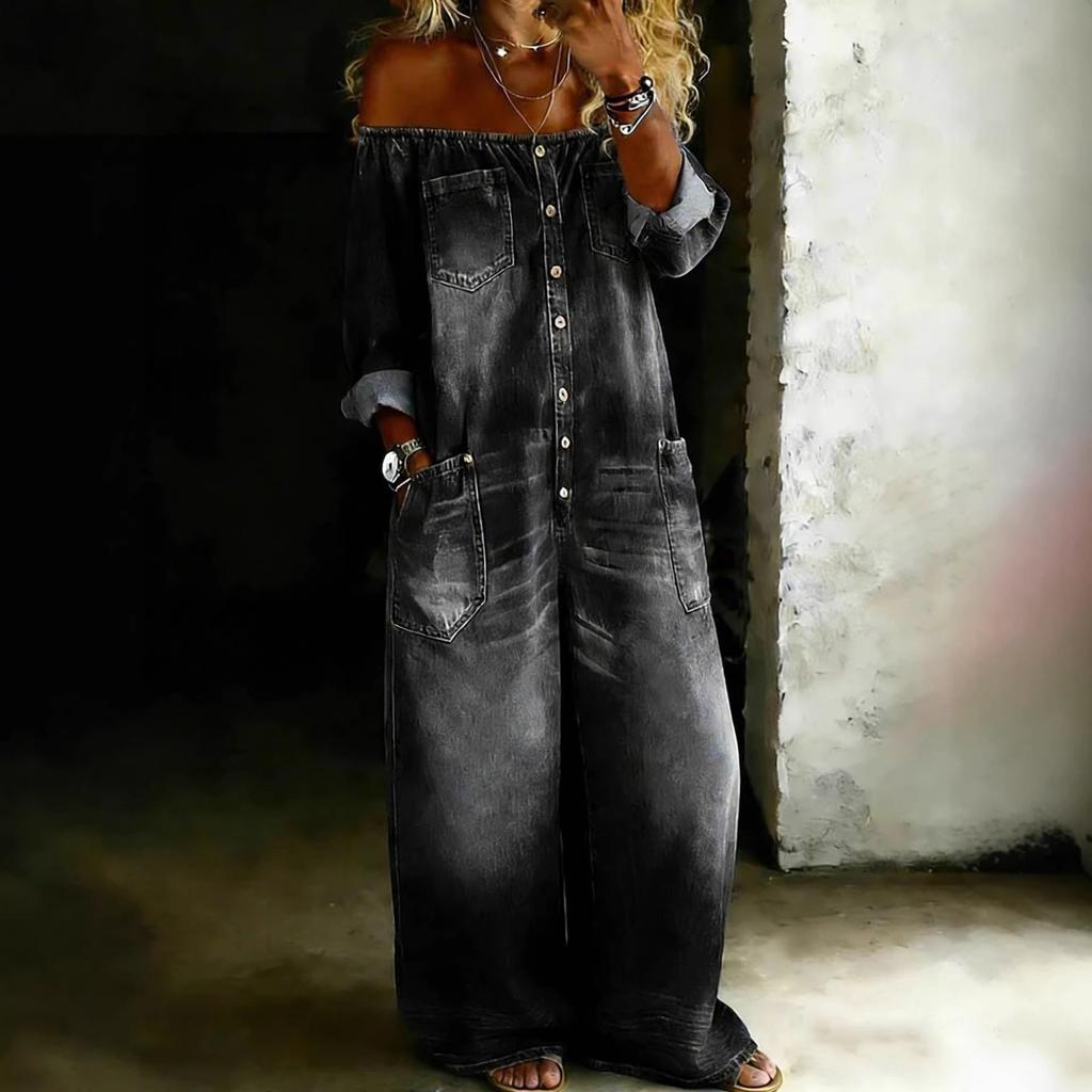 Tuta da Donna Senza Spalle con Bottoni Frontali Gamba Larga Look Denim Romper