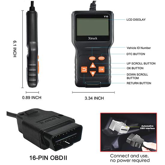 

Xtruck Y10 Multi-protocol Support Large Display Plug-and-Play Car Diagnostic Scanner чёрный