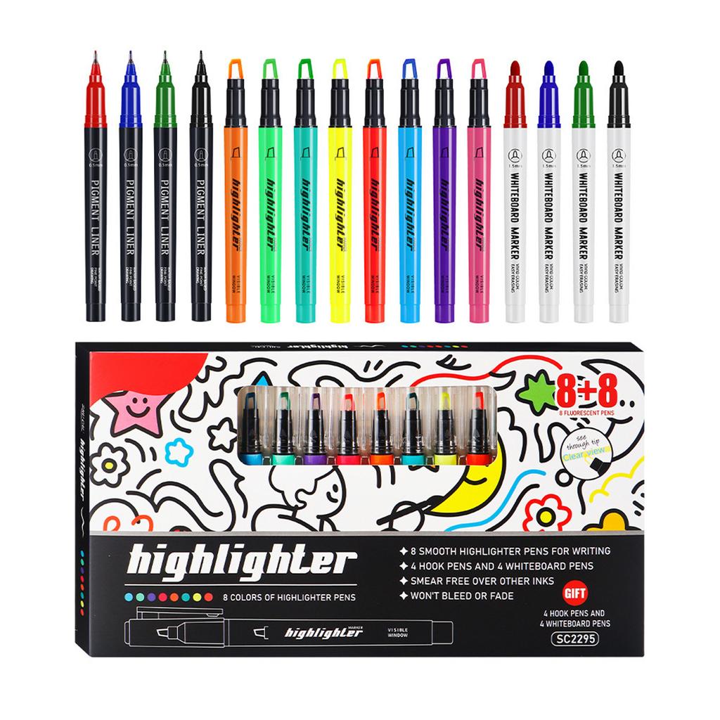 16Pcs Multicolored Glowing Highlighter Fluorescent Color Marker Pens For Note Taking Sketching Highlighting Doodling