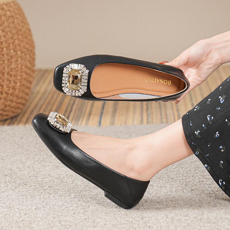 Women's Genuine Leather Slip-On Flats, Nude, Square Toe, Soft Sole, Plus Size, 2025 Edition