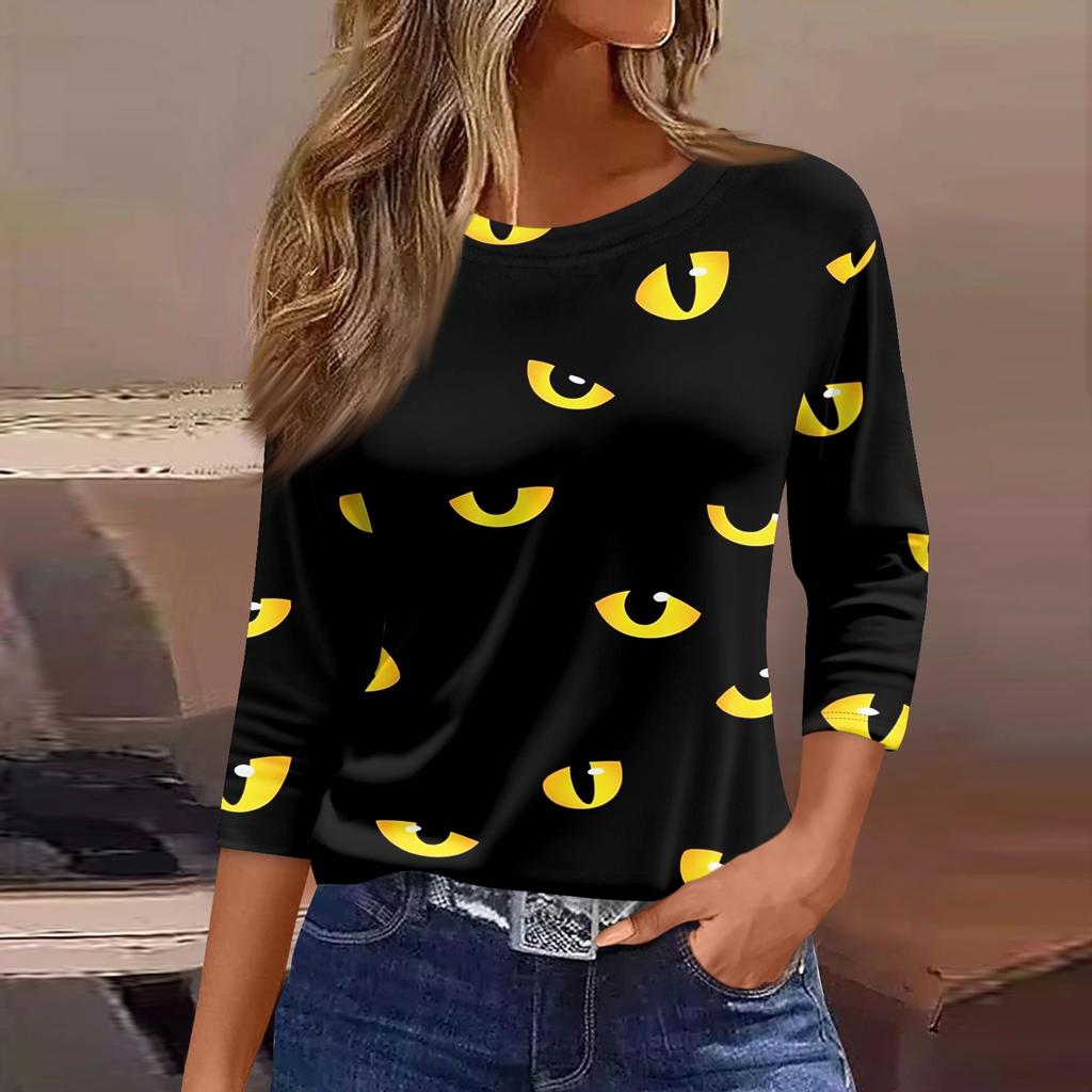 Women 3/4 Sleeve Casual Loose Fit Round Neck Shirt Halloween Bat Print Lightweight Pullover Top for Everyday Wear
