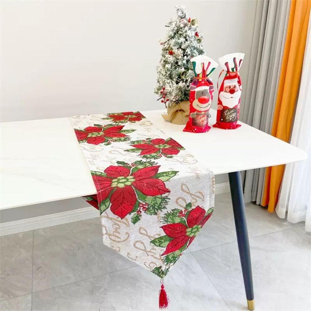 Tassel Christmas Table Runner Snowman Printed Long Santa Claus Tablecloth Rectangle Knitted Cloth Xmas Desktop Decoration Event