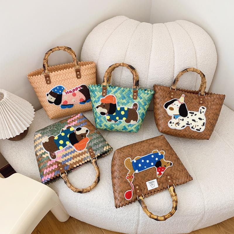 Large Capacity Dachshund Handwoven Bag Vegetable Basket Rattan Handbag Work Sundries Small Bag Picnic Women's Bag