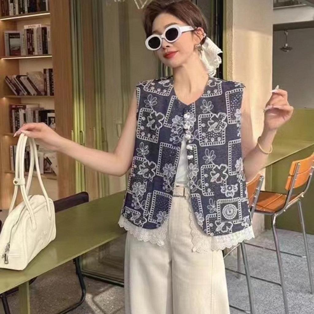 Women's 2025 Chinese Lace Embroidery Denim Blue Tank Top