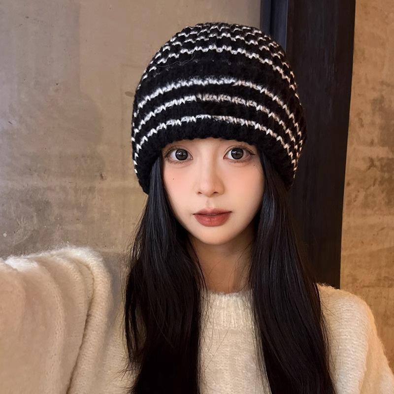 Japanese style Striped Letter Loose Large Headed Woolen Cap Warm and Versatile for Children In Autumn and Winter  Knitted Cap Pile Cap for Men