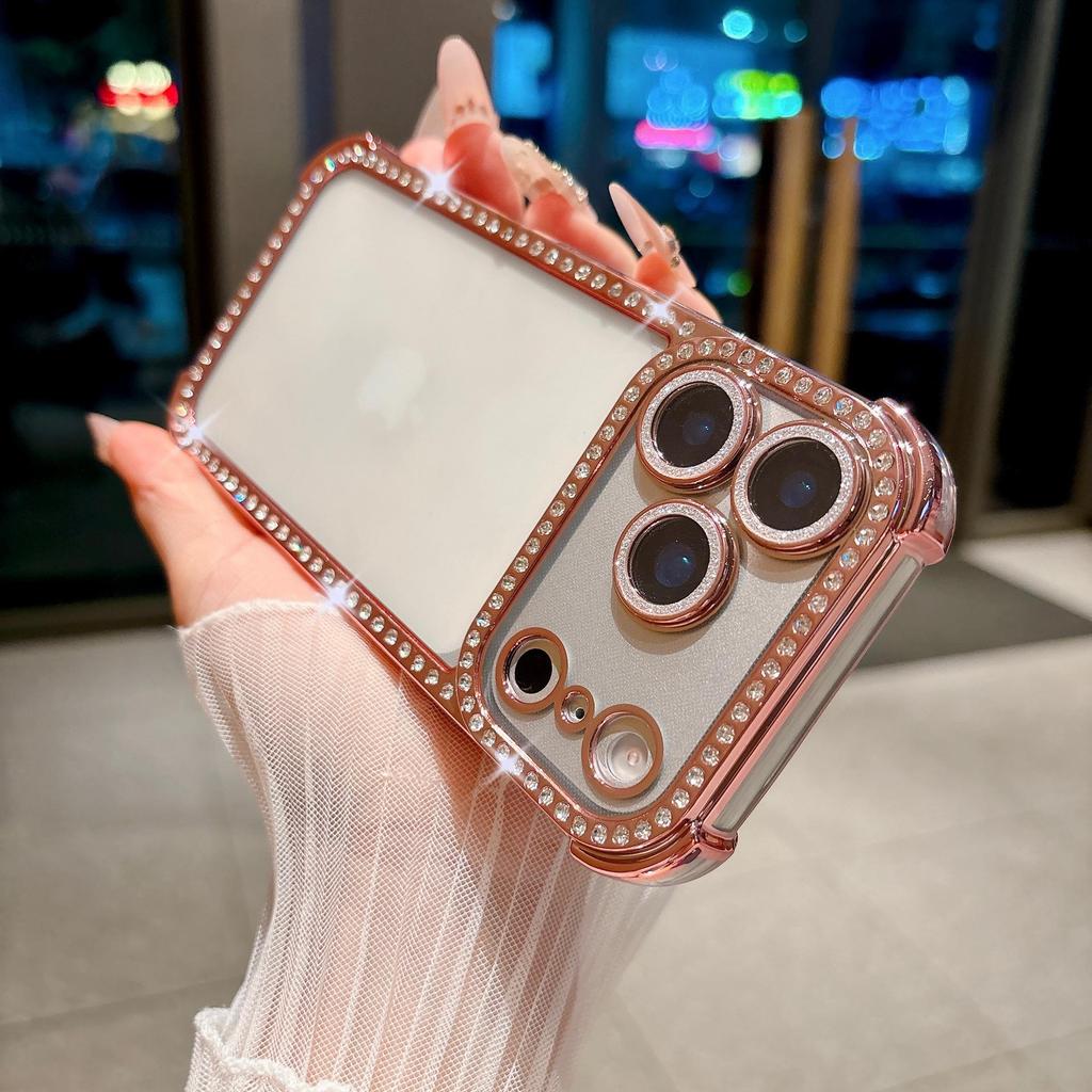 Apple 17 Pro Max Four-Corner Airbag Anti-Drop Instant Case for iPhone 16 with Rhinestone Glitter and Lens Film