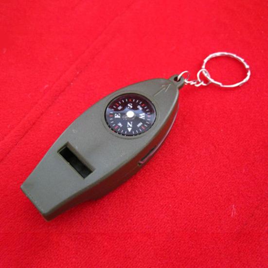 Notfallpfeife Kompass Lupe Thermometer Klarer Klang Schlüsselanhänger Design 4 in 1 Multifunktions-Wanderpfeife Outdoor-Zubehör