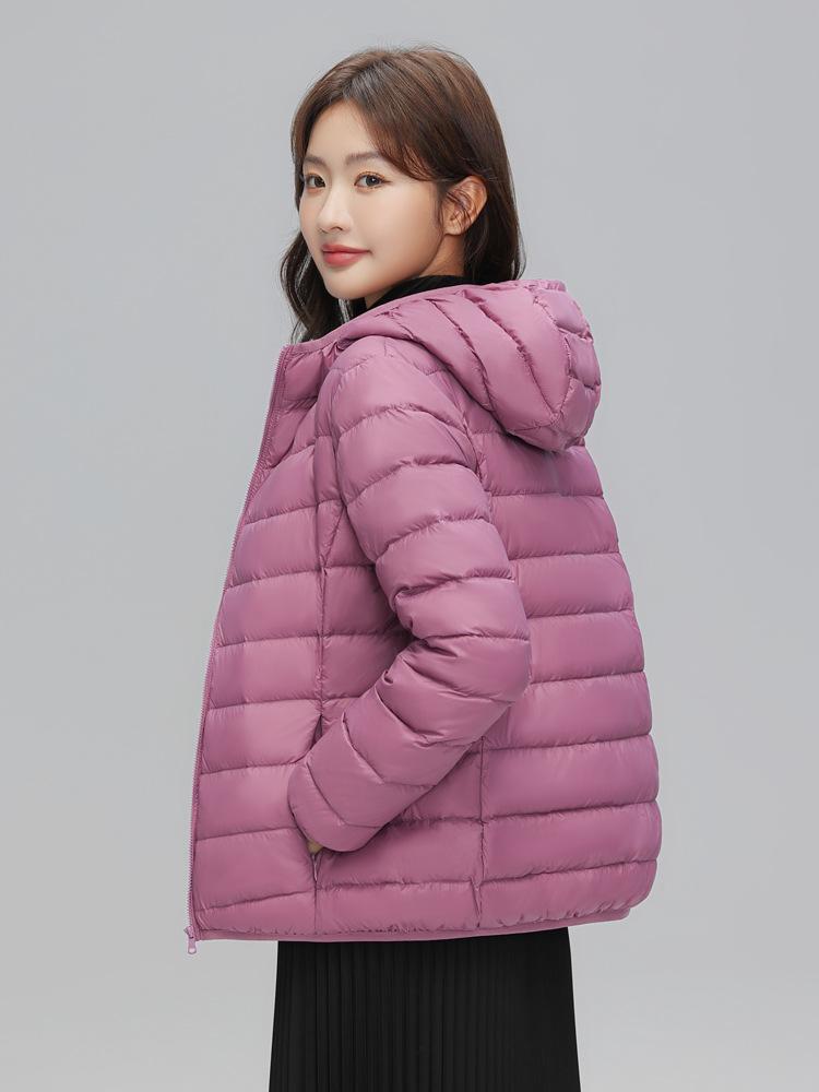 Women's Lightweight Hooded Down Jacket - 90% Down, Solid Color, Casual Warm Plus Size Coat for Autumn/Winter.