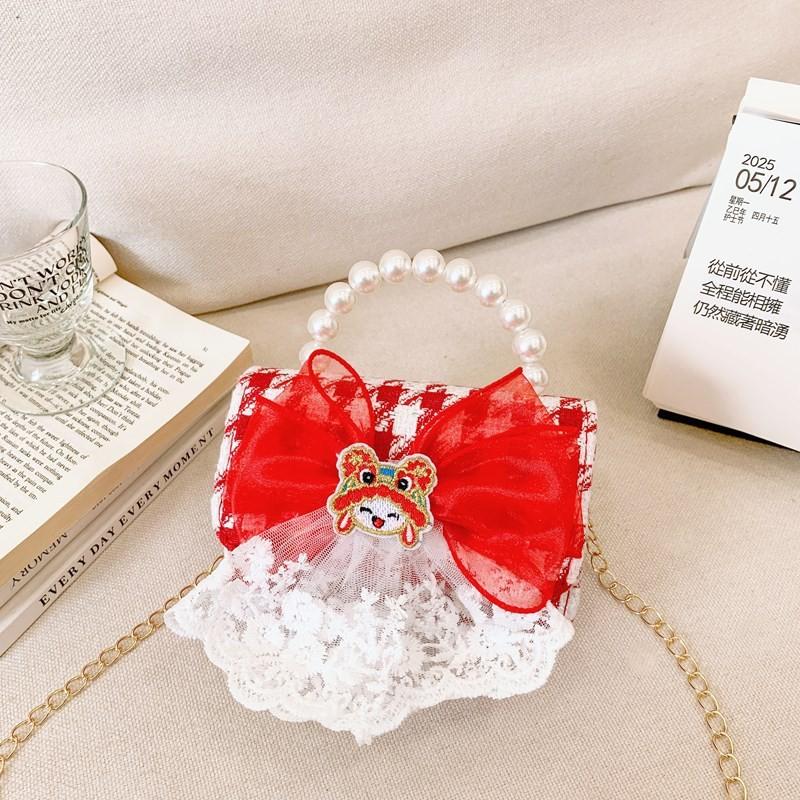 Red Adorable Pu Handbag For Kids Featuring Bow Design And Trendy Strap Chain