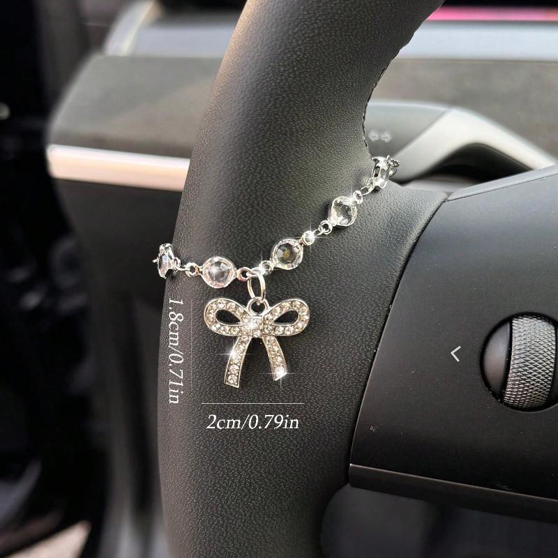 1pc Shiny Rhinestone Bow Heart Shaped Silver Chain Car Steering Wheel Decor For Women