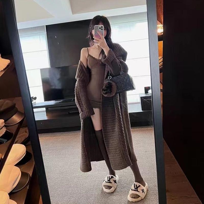 Large Lapel Collar Long-sleeved Sweater Jacket Women's Autumn and Winter Loose Lazy Wind Over the Knee High-end Long Knitted Cardigan
