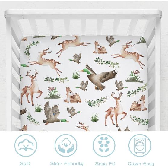 Woodland Wild Animals Hunting Crib Sheets for Girls and Boys 52"x28" Hunting Deer Duck Leaves Crib Mattress Sheet Soft Breathable Nursery Bed Sheet