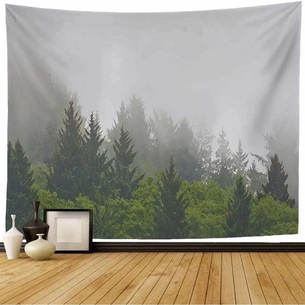 VIKAMA Nature Forest Tapestry, Misty Green Pine Tree Scenery Wall Art Hanging for Bedroom Living Room Photography Backdrop