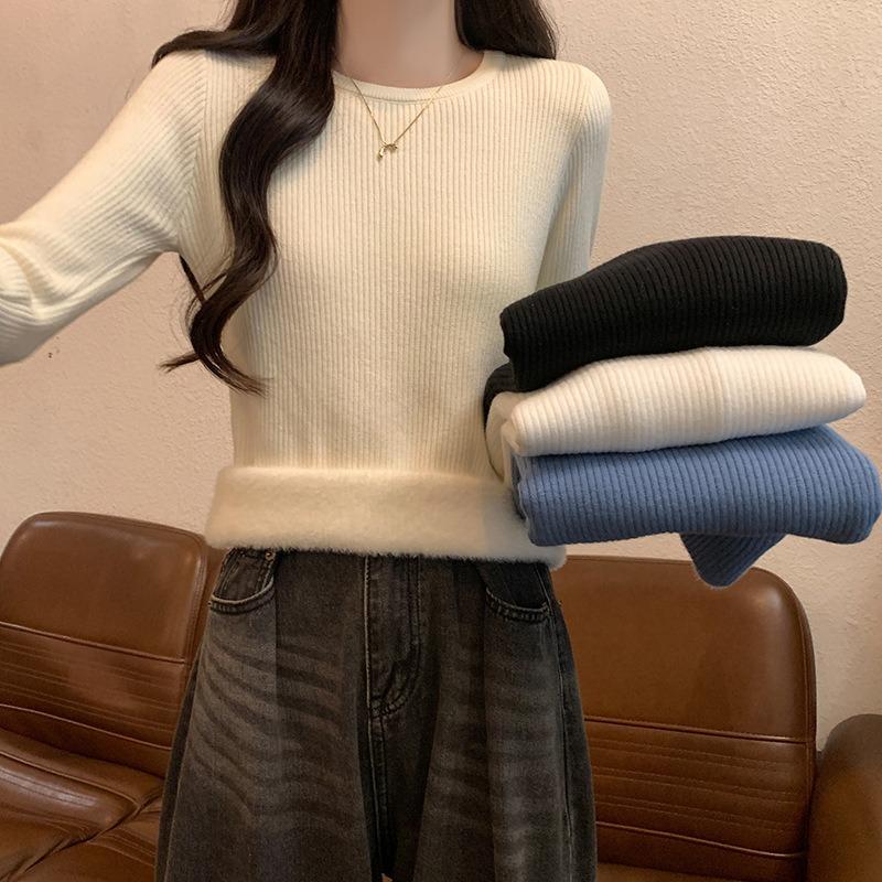 

Spring, autumn and winter fleece thickened warm inner bottoming shirt integrated fleece slim top women s texture knitted sweater L