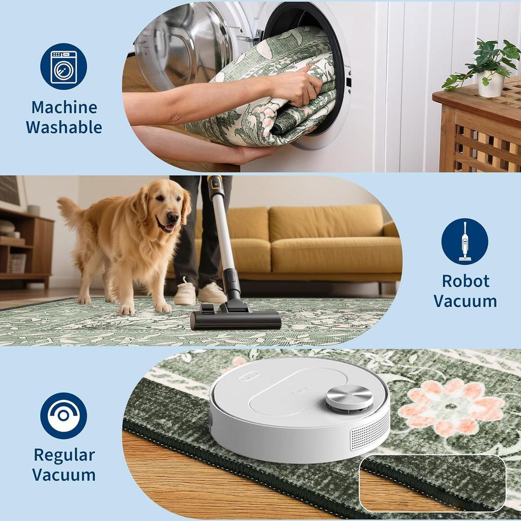 Green Living Room Carpet Soft Plants Flower Bedroom Bedside Floor Mat Vintage Home Decoration Cottagecore Non-Slip Washable Rug