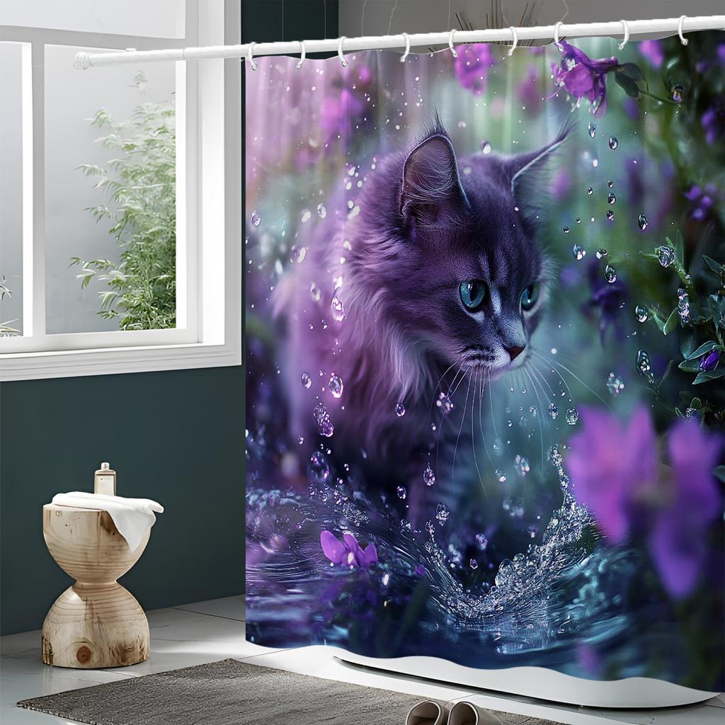 Magical Garden Cat Shower Curtain - Purple Flowers, Misty Blue Eyes, 70.8X70.8In,12 Hooks,Machine Washable Polyester, Bath Decor