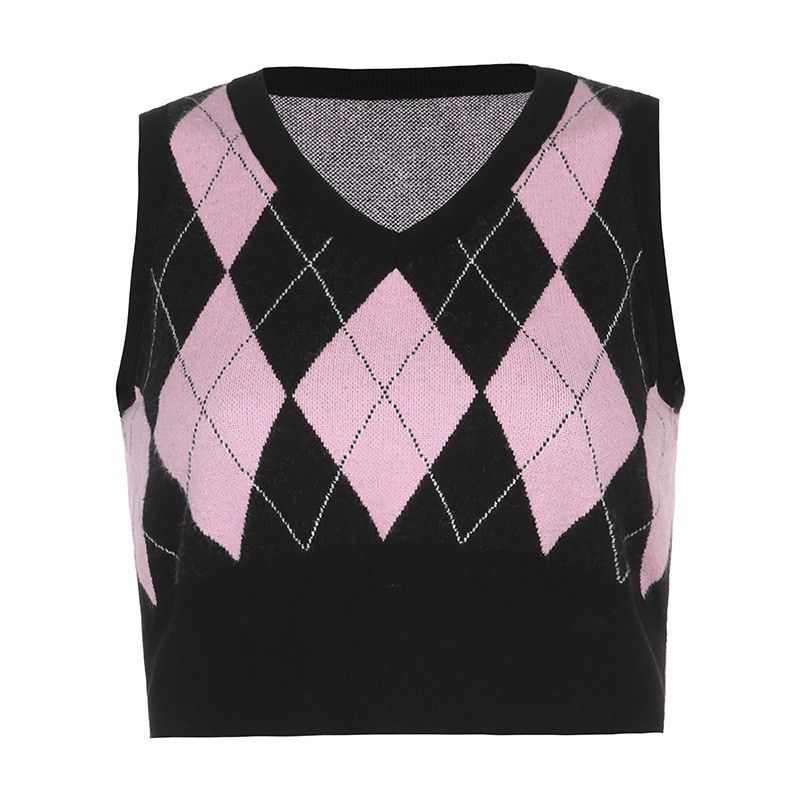 Holiday Autumn and Winter Personalized Fashion New Arrival Woolen Women's Clothing Sexy Plaid Color Contrast Short Sleeveless Vest Tops