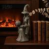 Spooky Garden Sculpture Halloween Witch Statue, Gothic Figurine with Pumpkin And Book, Matte Black Desktop Shelf Ornament Sculpture, Mantel