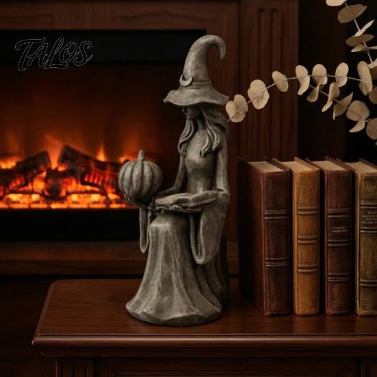 Spooky Garden Sculpture Halloween Witch Statue, Gothic Figurine with Pumpkin And Book, Matte Black Desktop Shelf Ornament Sculpture, Mantel