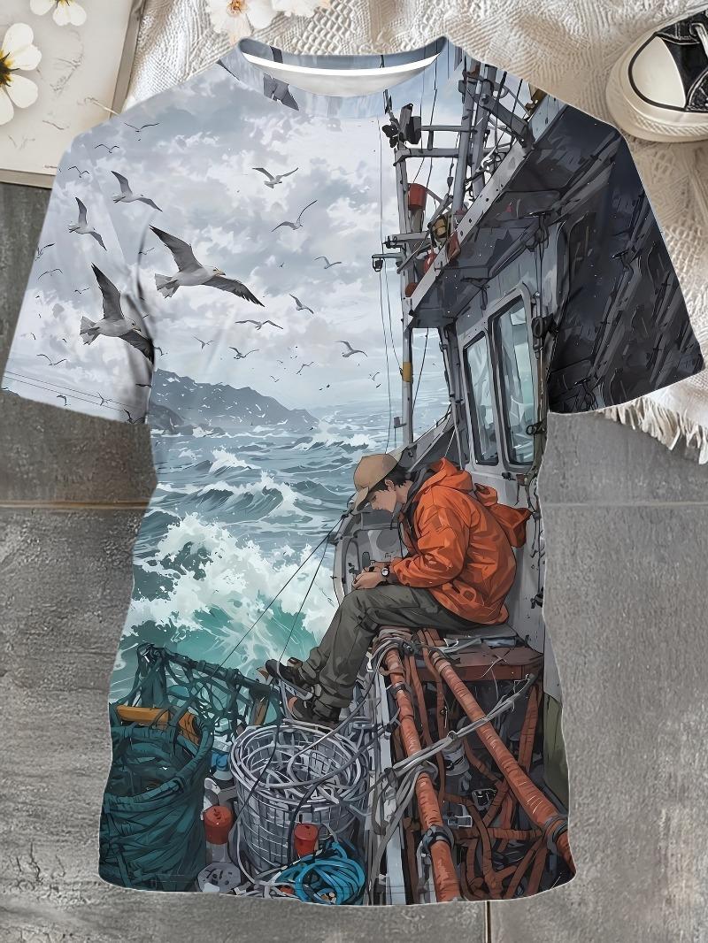 Men s T-shirt with 3D printed fishing scene pattern S