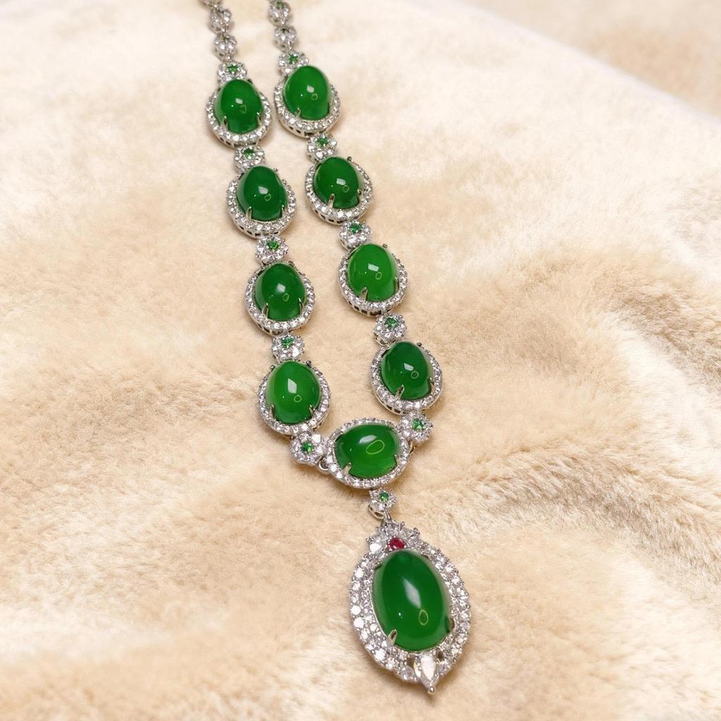 Meiji Green Chalcedony Luxury Jewelry Set: Necklace, Earrings, Ring, Bracelet