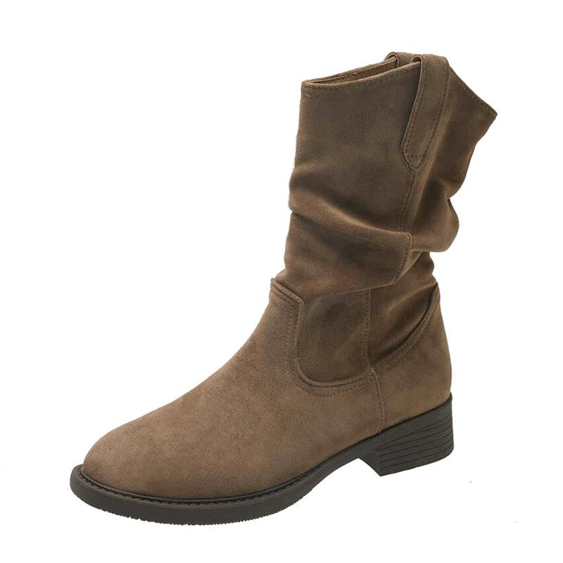 Pleated Stacking Boots 2025 New Summer Thick Heel V Mouth Thin Versatile Low Tube American Retro Western Cowboy Boots