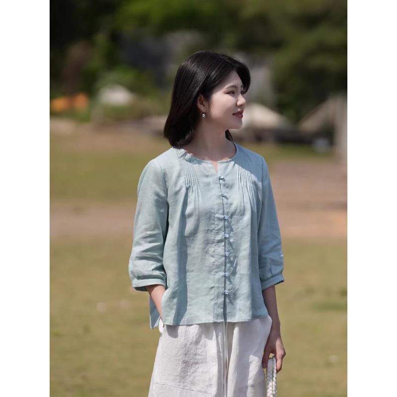 

Summer Cotton Linen Blend Plus Size Artistic Thin Top in Refreshing Spring Colors 2XL светло-синий