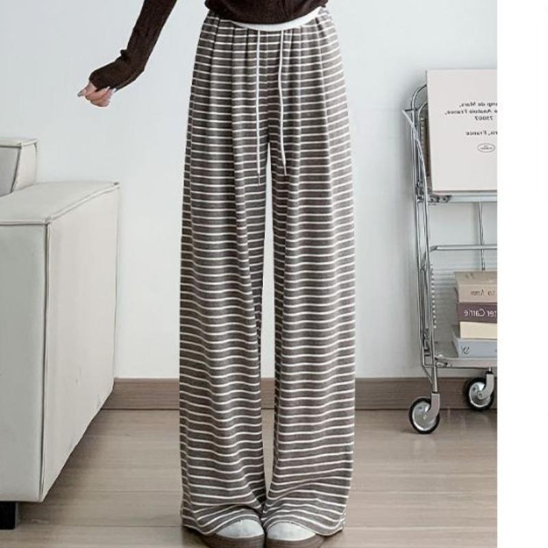 Neue lässige Hose mit hohen Bund und schwarz-weißen Streifen für Frühling und Herbst für Damen, drapierte gerade Klebreishose, bodenlange Hose mit weitem Bein