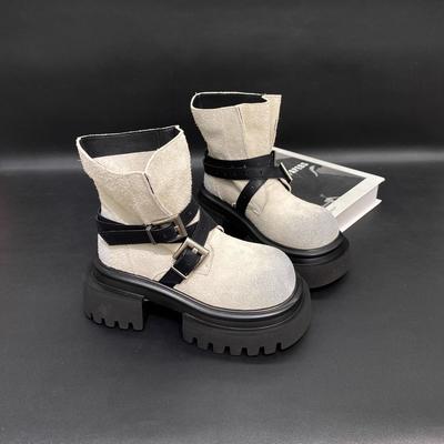 Retro Belt Buckle Thick-soled Martin Boots for Women's 2025 New Fashionable Versatile Casual and Comfortable Rhubarb Boots