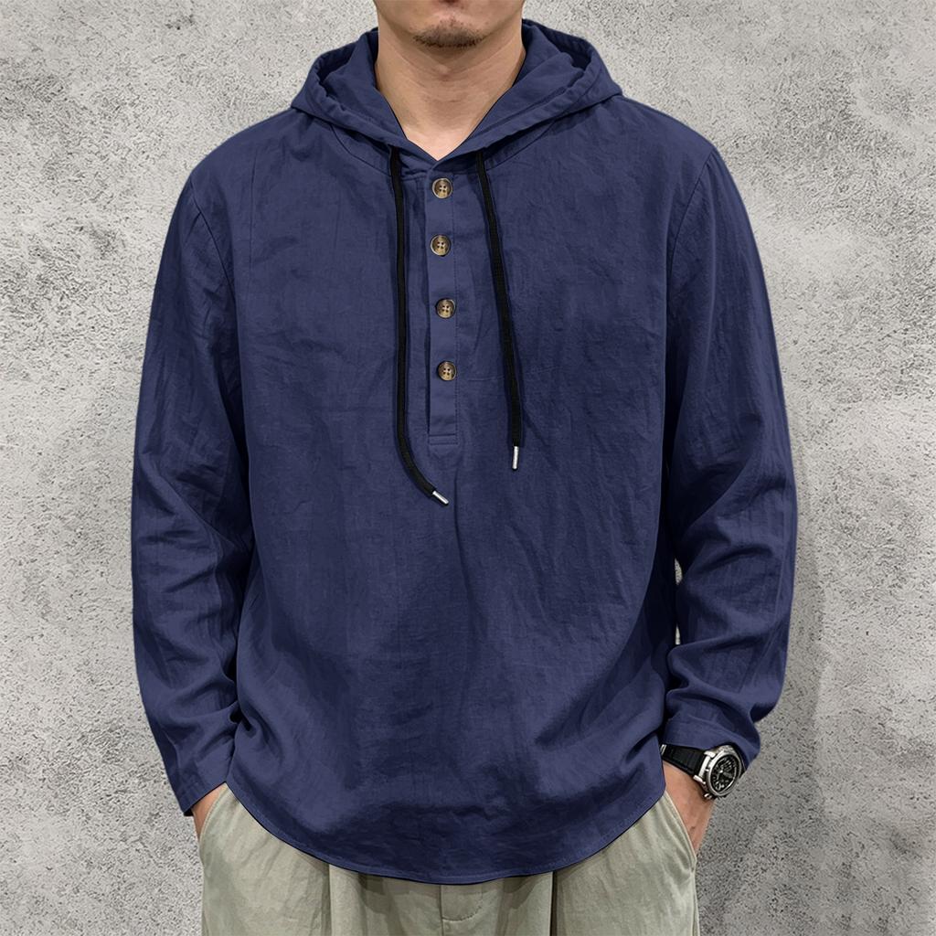 Men's Long Sleeve Hoodie Shirt Linen Drawstring Button Front Pullover Casual Loose Fit Lightweight Top for Spring Autumn