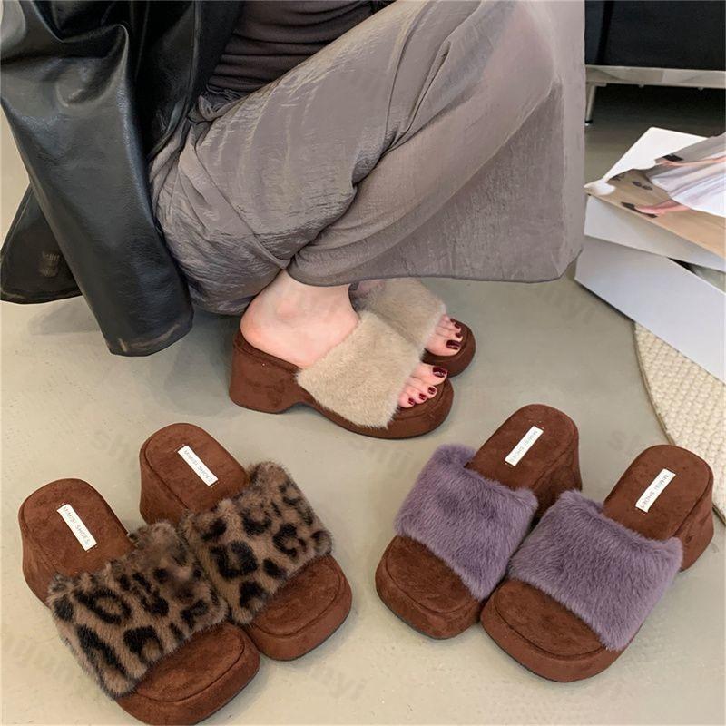 Women's Cotton Slippers 2026 Autumn Winter Fashion Leopard Print Chunky Comfortable Versatile Warm Wedge Heeled Plush Slippers