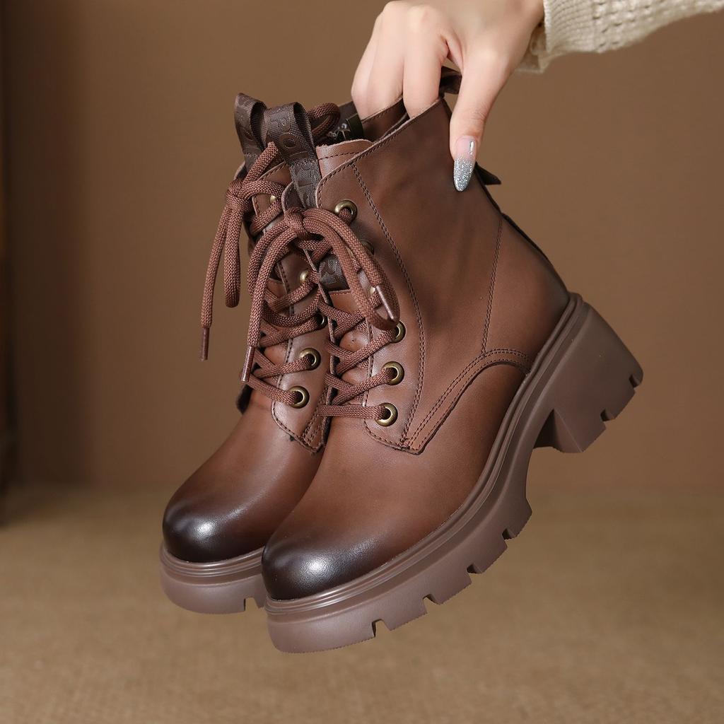 Johnature Genuine Leather Women's Shoes Versatile Lightweight Anti Slip Thick Heel Short Boots