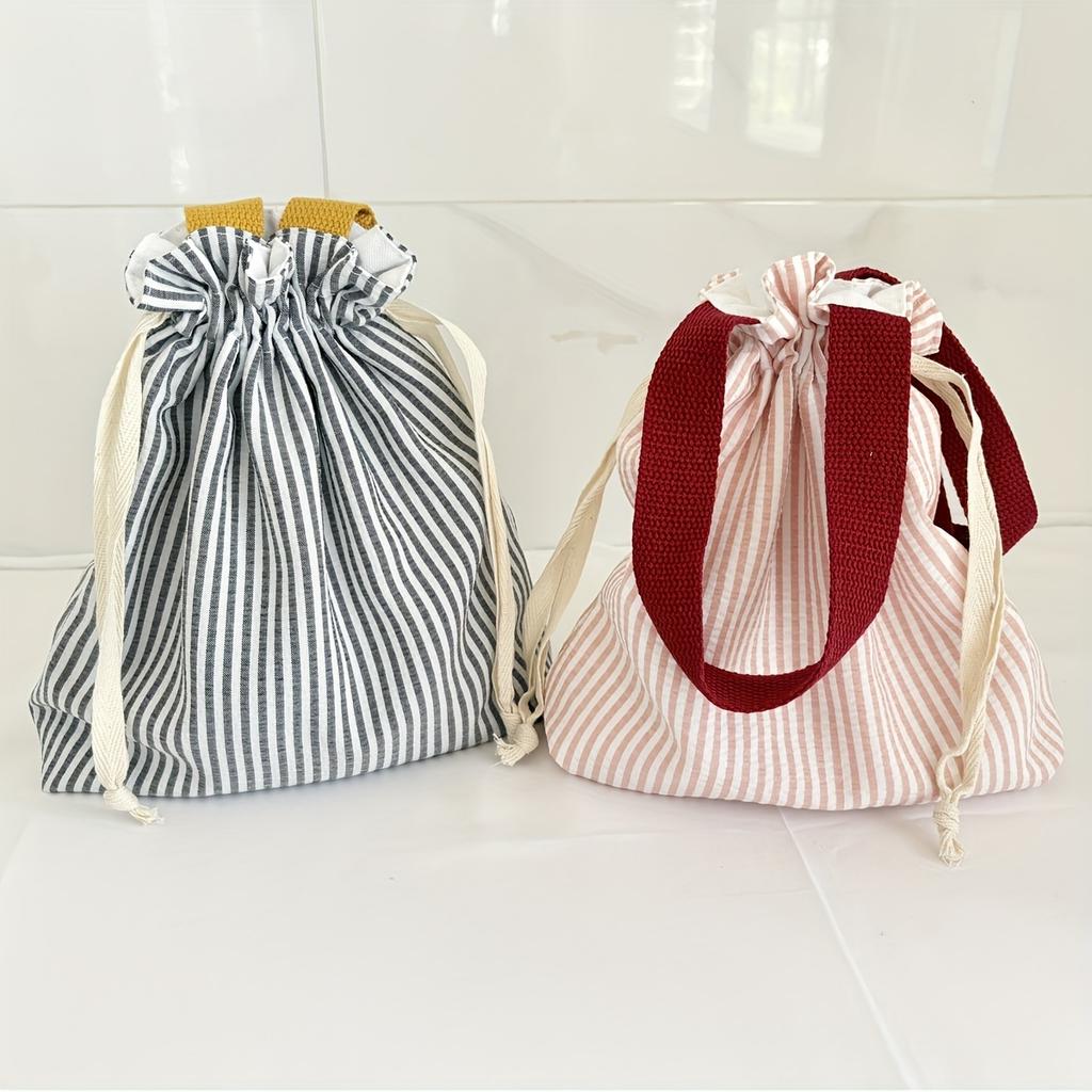 1pc Preppy Style Striped Drawstring Tote Bag, Portable Polyester Handbag with Unlined Interior, Fashionable Travel Pouch for Cosmetics and Accessories