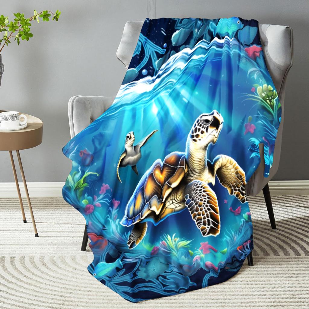 1pc Blue Blanket Sea Turtle 3D Printed Comfortable Flannel Blanket for Home Living Room Bedroom Decor Birthday Gift